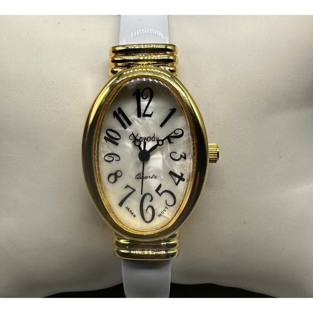 3/$30 Xanadu Watch Women Gold Tone Oval Case White Enamel Cuff Band 6.25"